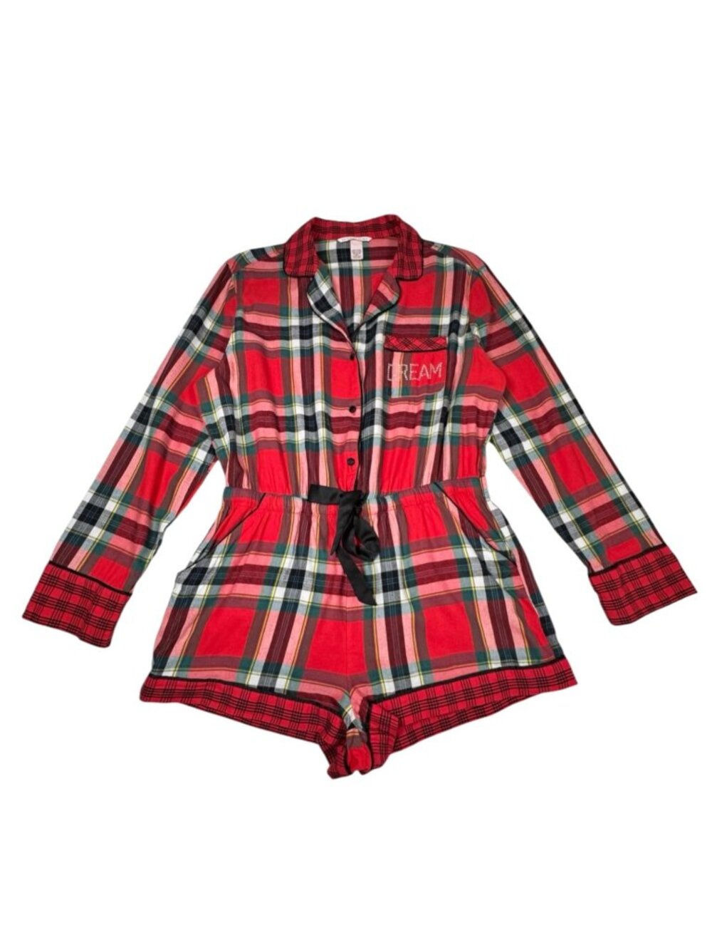Victorias Secret Elsa Red Plaid Flannel Sleep Romper M Cozy Christmas PJs Red